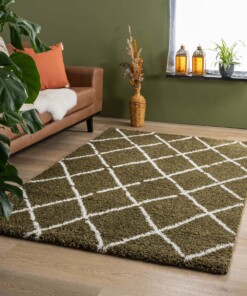 Alfombra a rombos de pelo largo Artisan - Verde oliva/Blanco - sfeer