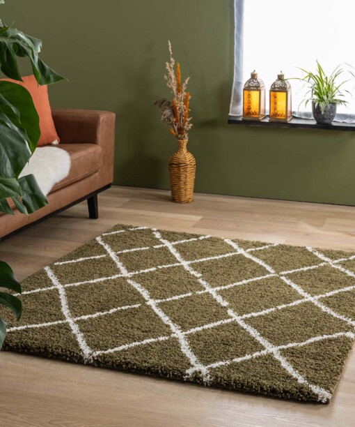 Alfombra cuadrada a rombos de pelo largo Artisan - Verde oliva/Blanco - sfeer