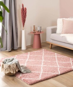 Alfombra cuadrada a rombos de pelo largo Artisan - Rosa/Blanco - sfeer