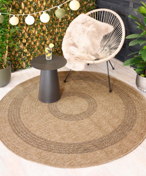 Alfombra redonda de exterior con efecto yute - Sunset Spirit Beige/Negro