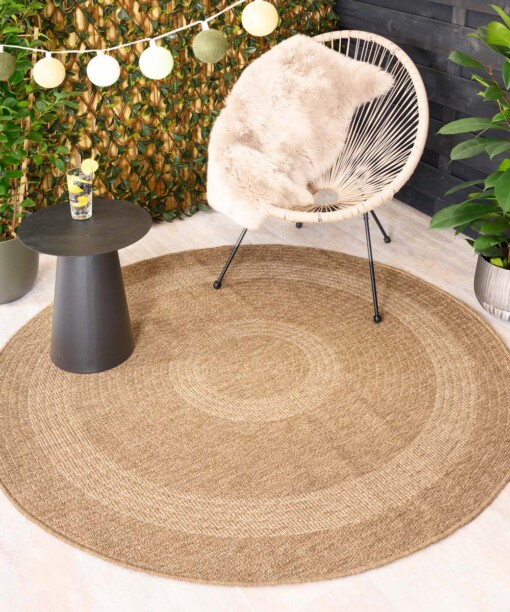 Alfombra redonda de exterior efecto yute - Sunset Spirit Beige/Blanco