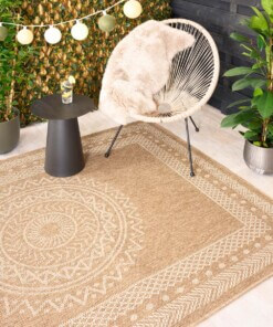 Alfombra de exterior efecto yute - Boho Mandala Beige/Blanco